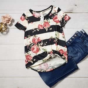 Black/Off White Striped Floral Twist Hem Top